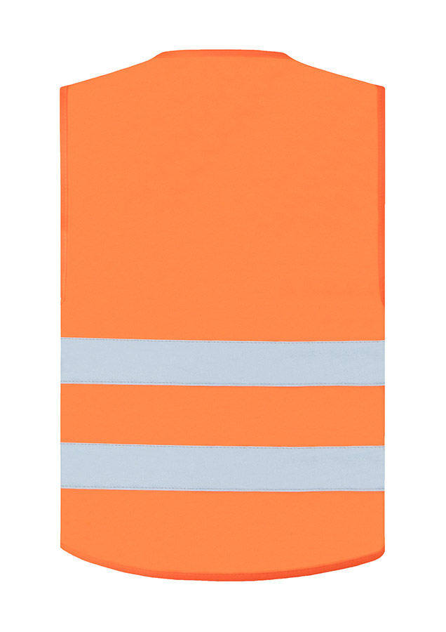 Adult woman in signal yellow Korntex safety vest with reflective stripes holding a radio in an industrial environment