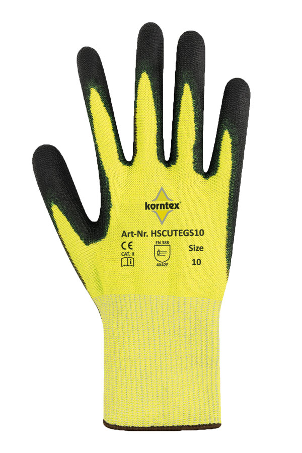 A man's hand wears a yellow Korntex cut protection glove