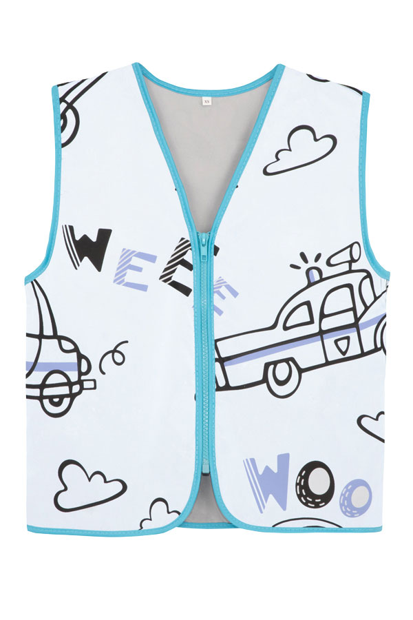 Child in a silver Korntex safety vest with police pattern in a park