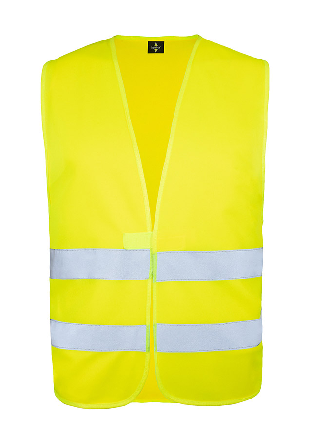 Adult stows yellow safety vest in a blue rucksack