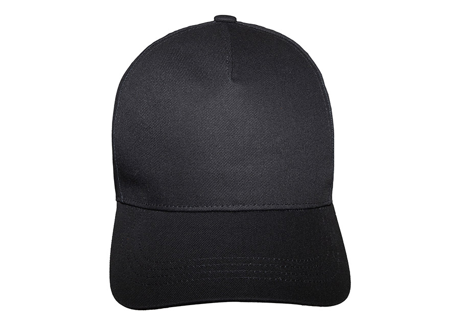 Frontansicht schwarze Base Cap mit 5-Panel-Design und größenverstellbarem Verschluss für Arbeit, Freizeit und Outdoor