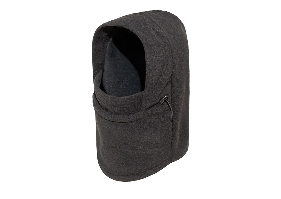 Schwarze Korntex Sturmhaube aus Polarfleece in schräger Seitenansicht mit großem Sichtfeld, vielseitig nutzbar für Security, Motorrad und Outdoor-Schutz bei Kälte