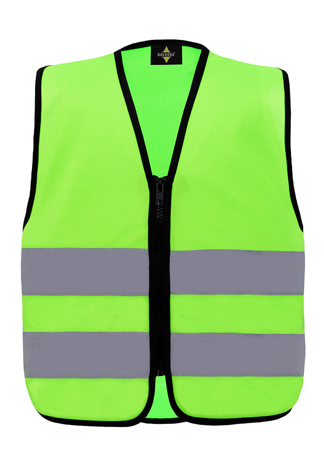 Young smiling girl in signal yellow Korntex safety vest with reflective stripes and zip fastener standing in the park