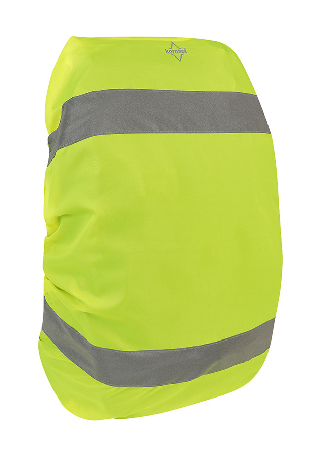 Child wears signal yellow Korntex high-visibility backpack cover with reflectors outdoors