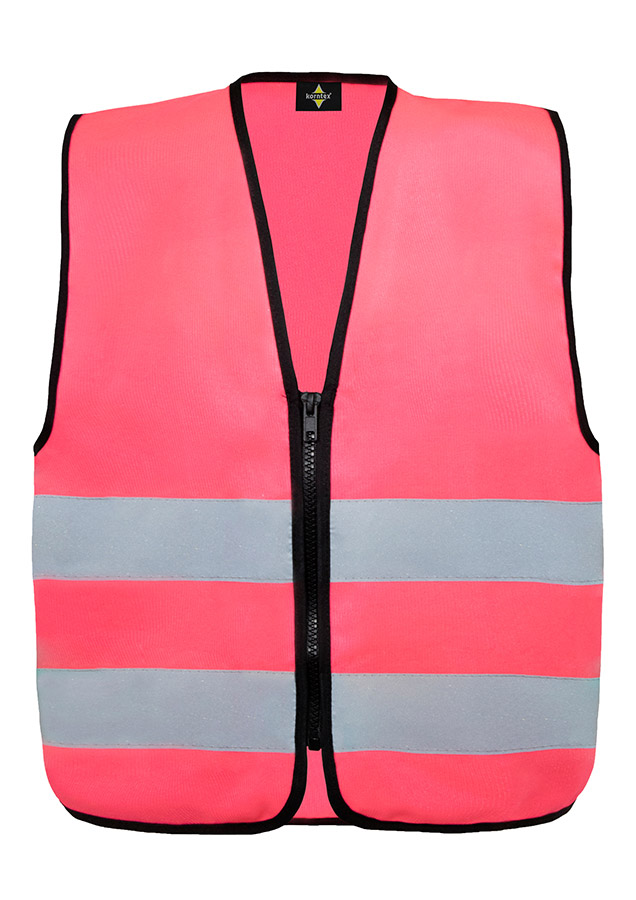 Young smiling girl in signal yellow Korntex safety vest with reflective stripes and zip fastener standing in the park