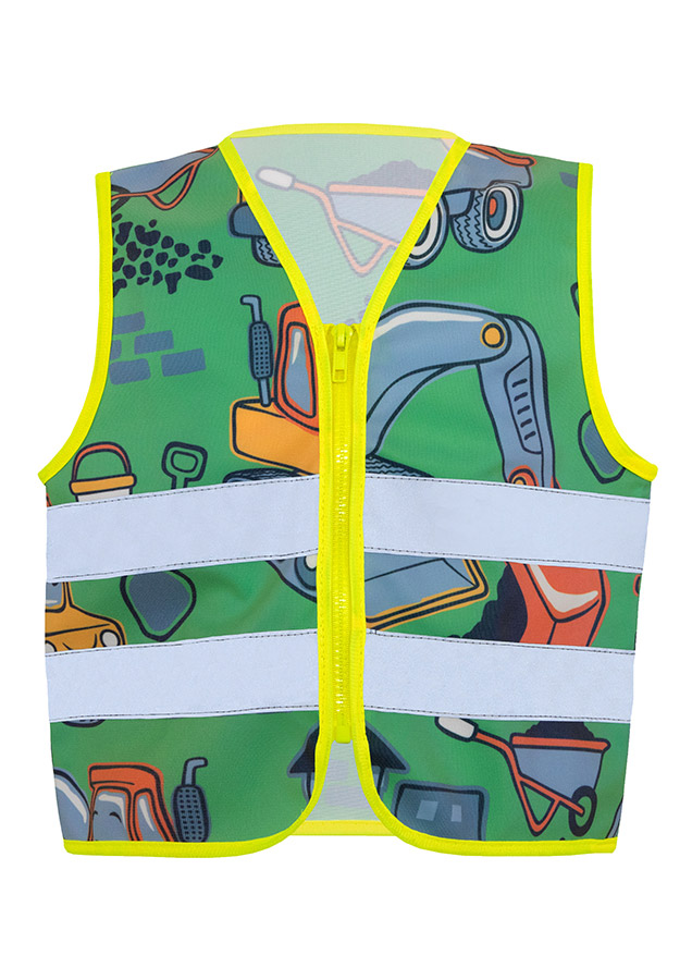 Child in a neon green Korntex safety vest with a construction site pattern on a playground