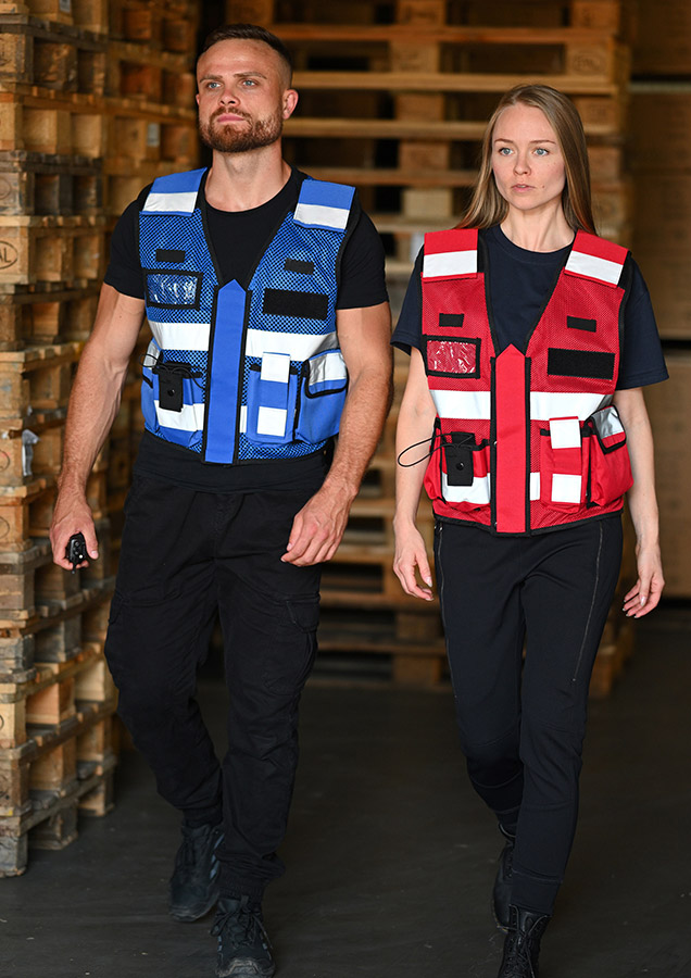 Warehouse people wearing KXMTAC Mesh Tactical Vest with Reflective Stripes, Zipper, Pockets, and Velcro – Royal Blue Safety Vest