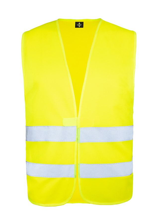 Adults in yellow safety vests stand in front of their car and have a breakdown, while one is on the phone