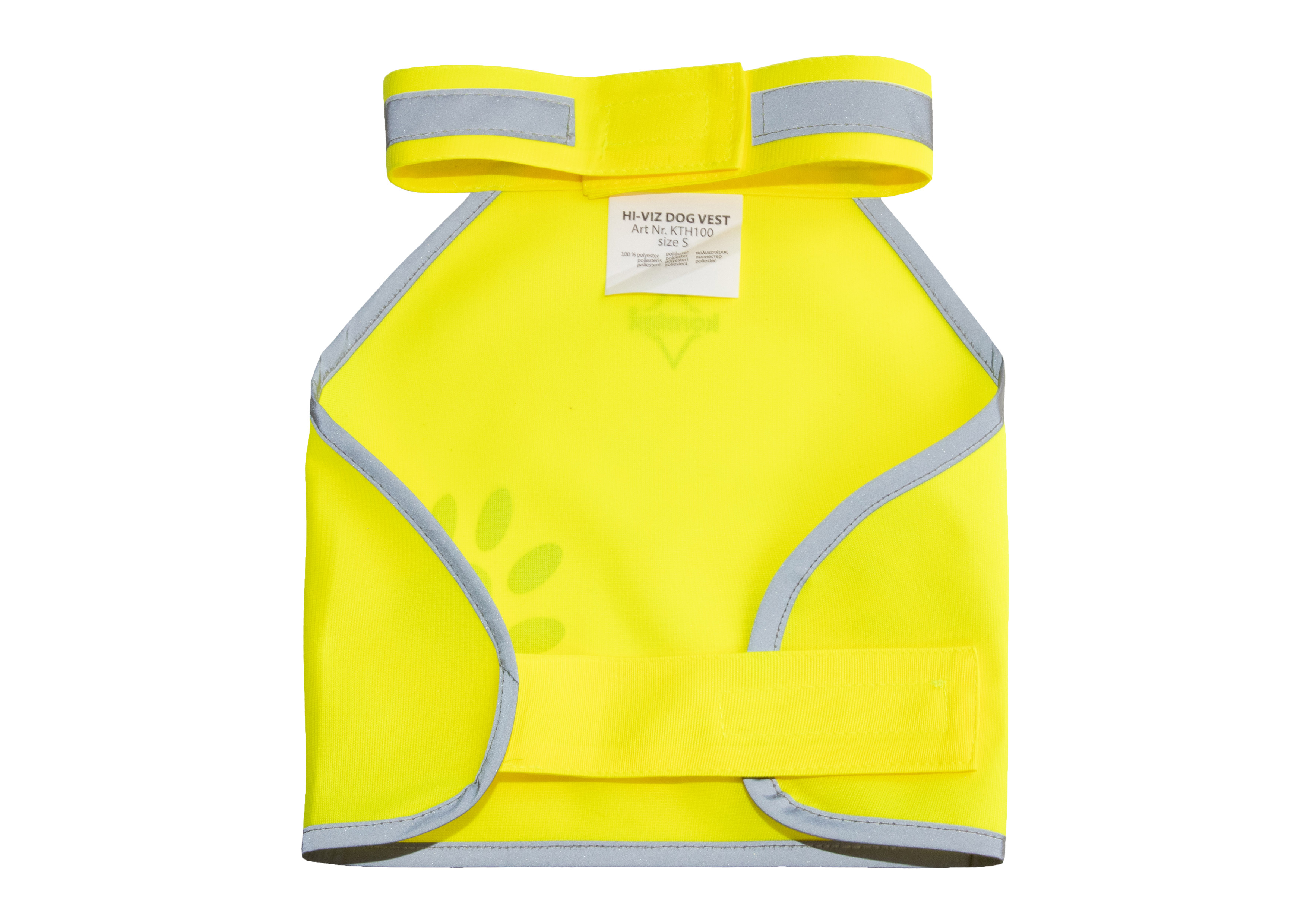 A dog wearing an yellow Korntex functional vest in a park.