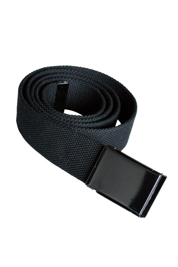 Close-up of a black Korntex polyester belt with metal buckle
