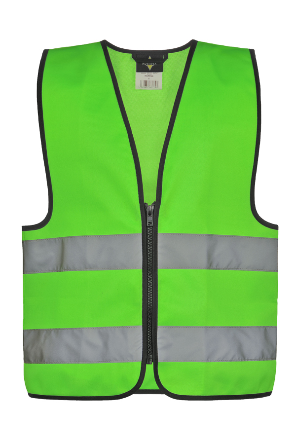 Young smiling girl in signal yellow Korntex safety vest with reflective stripes and zip fastener standing in the park