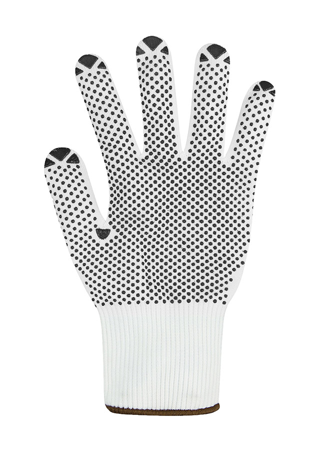 A man's hand wears a Korntex fine knitted glove and holds a heavy hammer