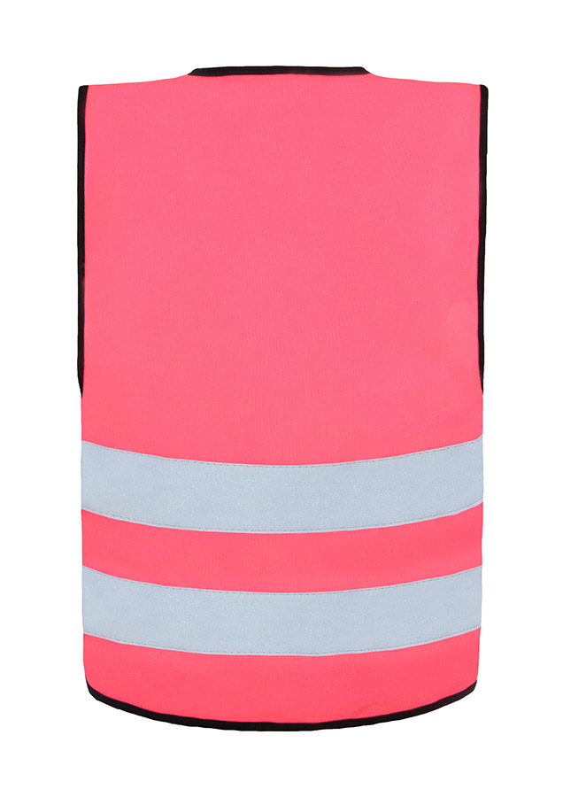 Young smiling girl in signal yellow Korntex safety vest with reflective stripes and zip fastener standing in the park