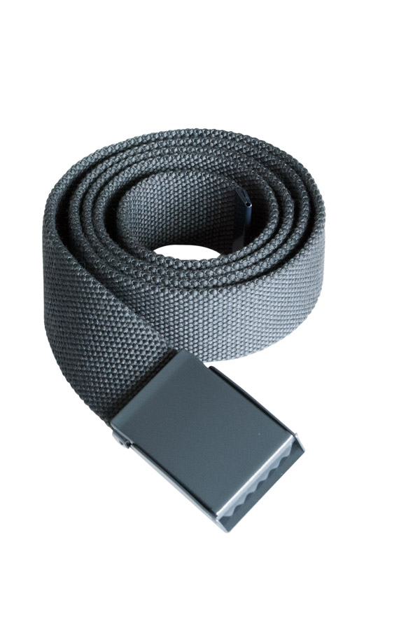 Close-up of a black Korntex polyester belt with metal buckle