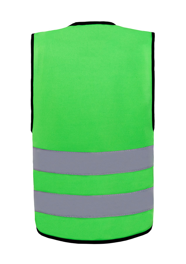 Young smiling girl in signal yellow Korntex safety vest with reflective stripes and zip fastener standing in the park