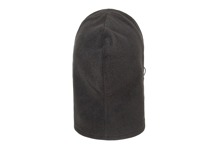 Schwarze Sturmhaube Korntex aus Polarfleece in Rückansicht, zeigt die Passform am Hinterkopf, ideal für Security und Outdoor-Einsätze im Winter