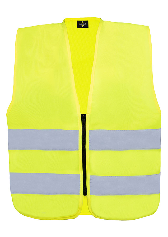 Young smiling girl in signal yellow Korntex safety vest with reflective stripes and zip fastener standing in the park
