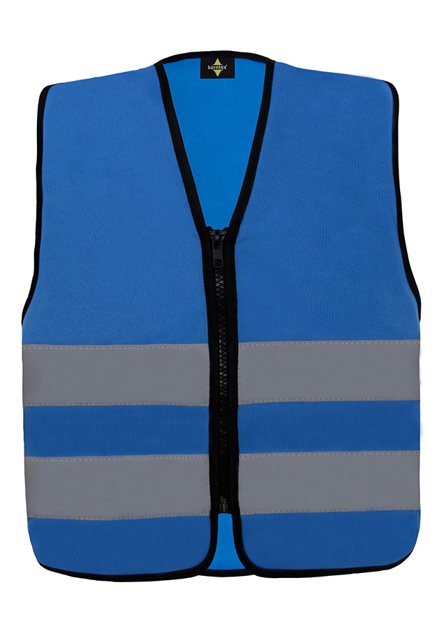 Young smiling girl in signal yellow Korntex safety vest with reflective stripes and zip fastener standing in the park
