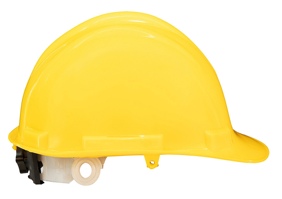 Basic Schutzhelm „Le Havre“ mit Regenrinne in robuster Einheitsgröße, zuverlässiger Baustellenhelm mit Adaptertaschen für Zubehör.