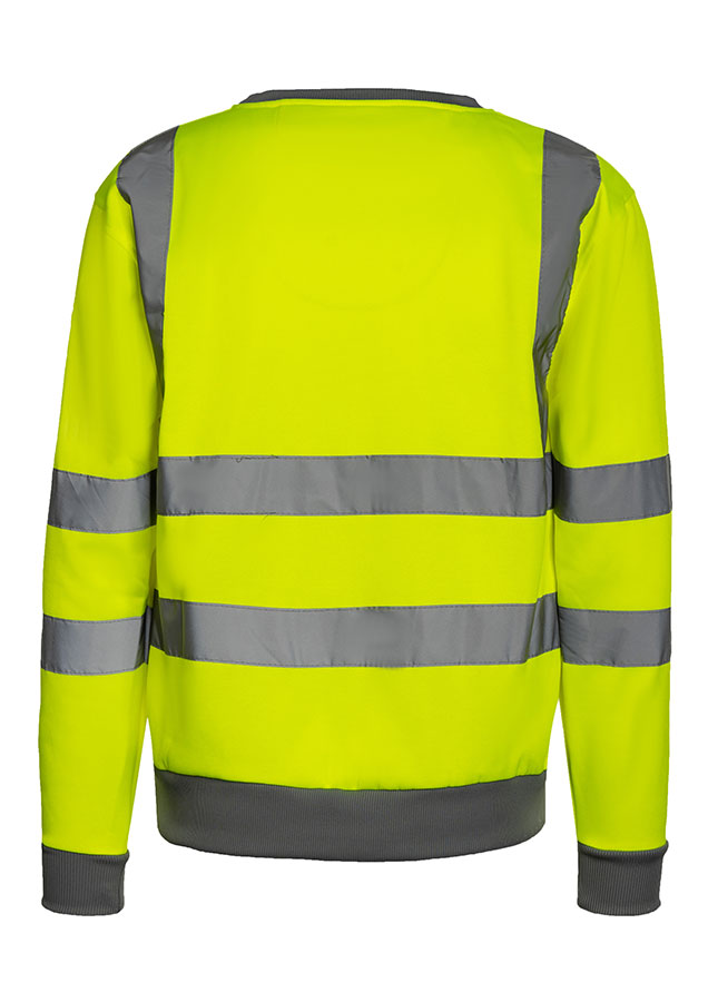 Adult man wearing a signal yellow Korntex Hi-Vis sweatshirt and white helmet on a construction site