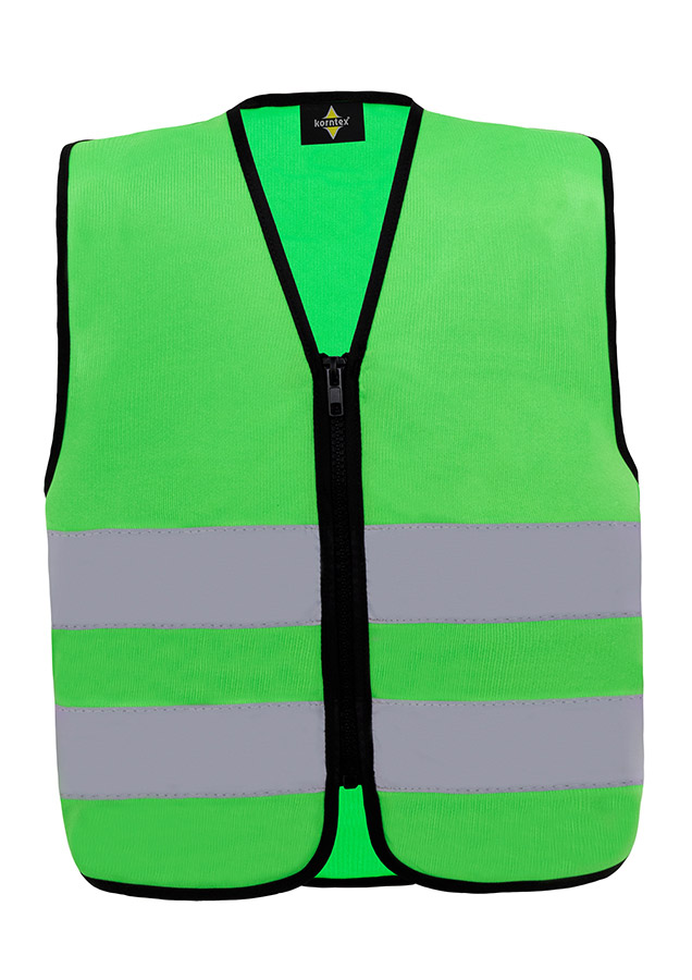 Young smiling girl in signal yellow Korntex safety vest with reflective stripes and zip fastener standing in the park