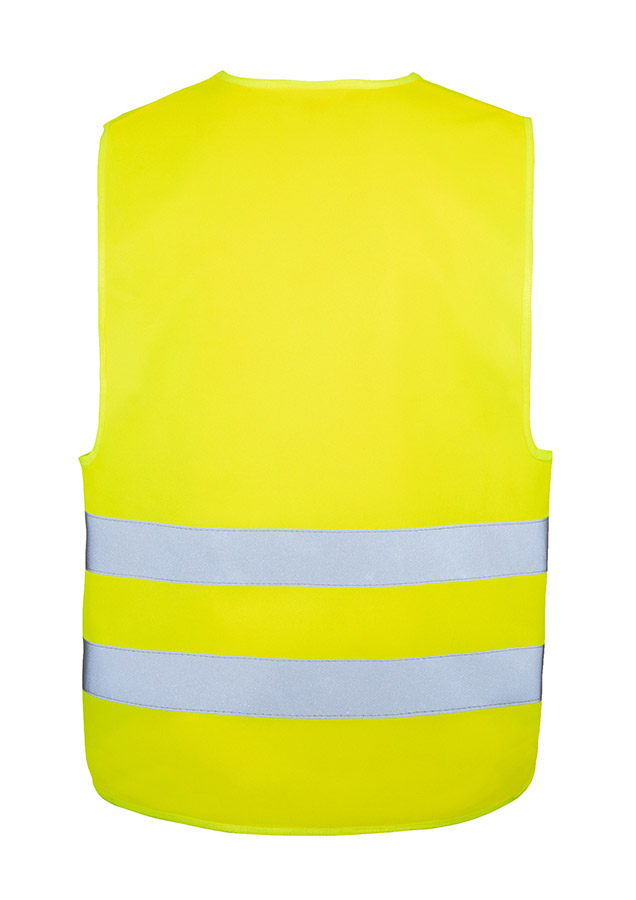 Adult stows yellow safety vest in a blue rucksack