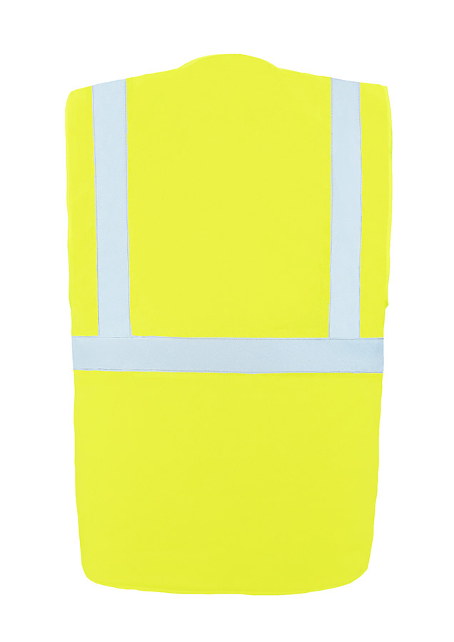 Adult in signal yellow, lined Korntex safety vest with zip fastener in an industrial environment