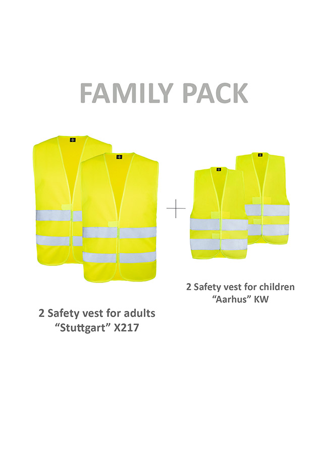 Family in yellow safety vests in front of their broken down car while the mother talks on the phone