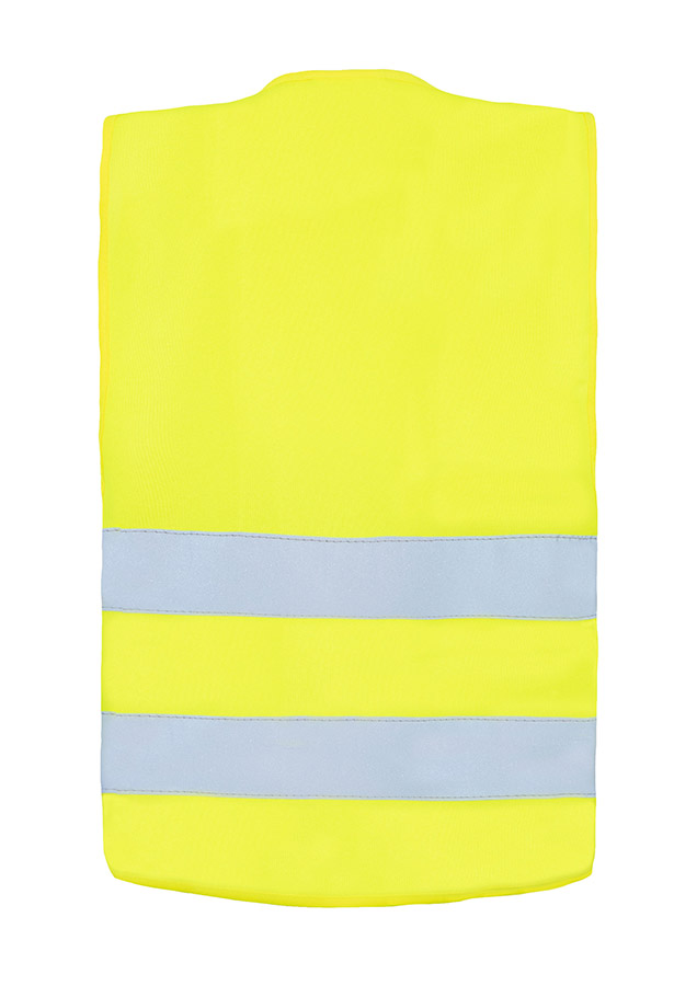 Young smiling girl in signal yellow Korntex safety vest with reflective stripes and zip fastener standing in the park