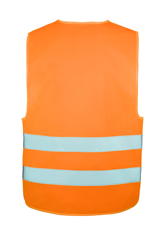 Adult stows yellow safety vest in a blue rucksack