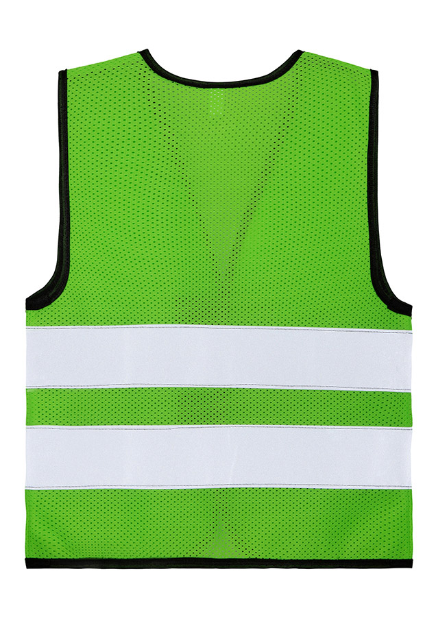 Rückseite der Kinder-Warnweste „Aarhus“ KW100 in Neon-Grün mit zwei reflektierenden Bändern, verstellbaren Klettverschlüssen, EN 17353 zertifiziert