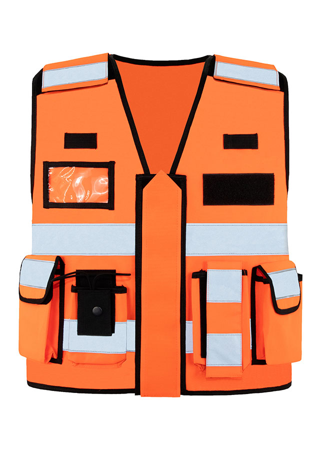 Adult in orange Korntex tactical safety vest with zip on a construction site