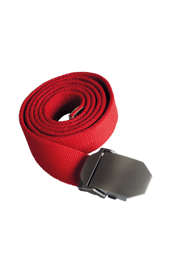 Close-up of a robust Korntex workwear belt with metal buckle on dark-coloured work trousers