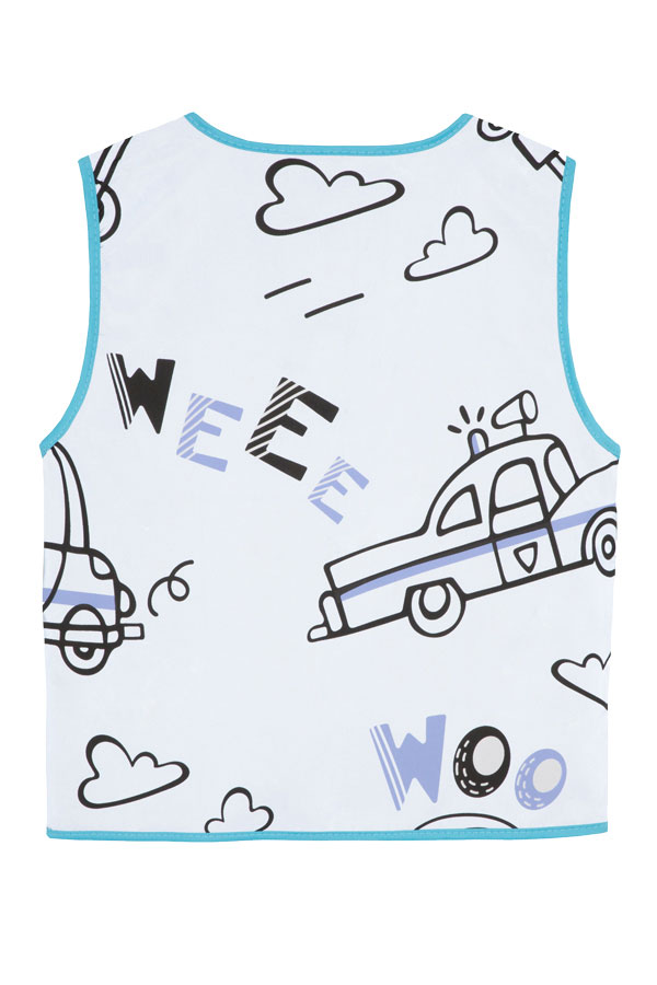 Child in a silver Korntex safety vest with police pattern in a park