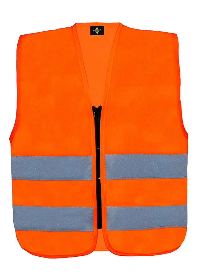 Young smiling girl in signal yellow Korntex safety vest with reflective stripes and zip fastener standing in the park