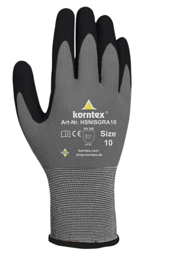 A man with grey-black Korntex gloves holds a walkie-talkie