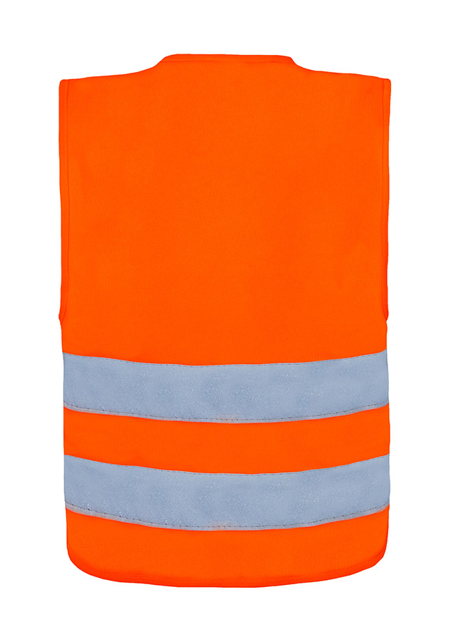 Young smiling girl in signal yellow Korntex safety vest with reflective stripes and zip fastener standing in the park