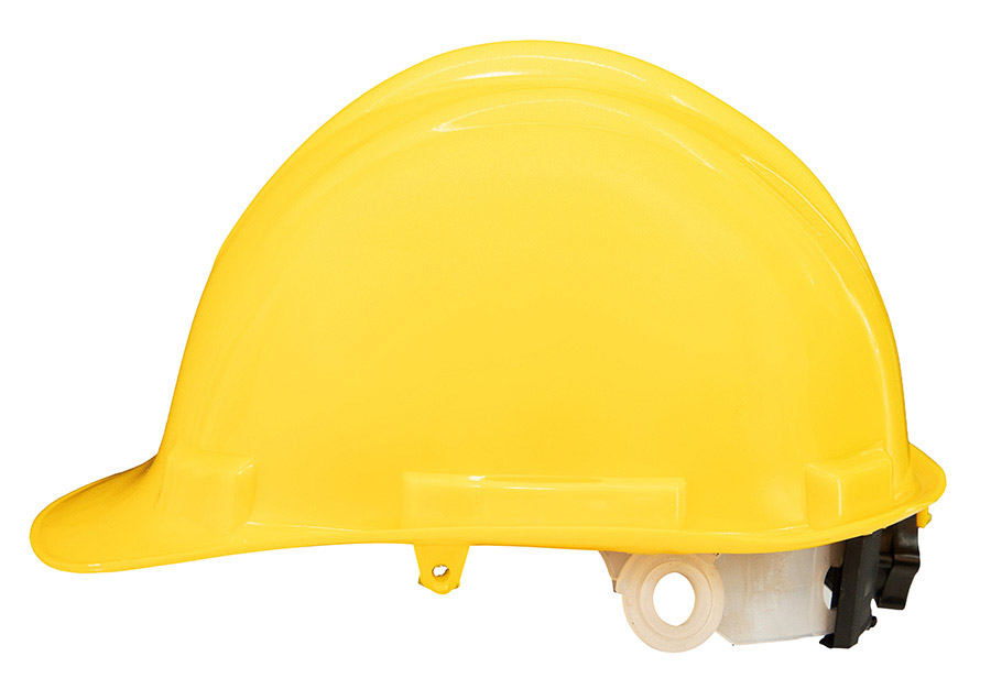 Basic Schutzhelm „Le Havre“ mit Regenrinne in robuster Einheitsgröße, zuverlässiger Baustellenhelm mit Adaptertaschen für Zubehör.