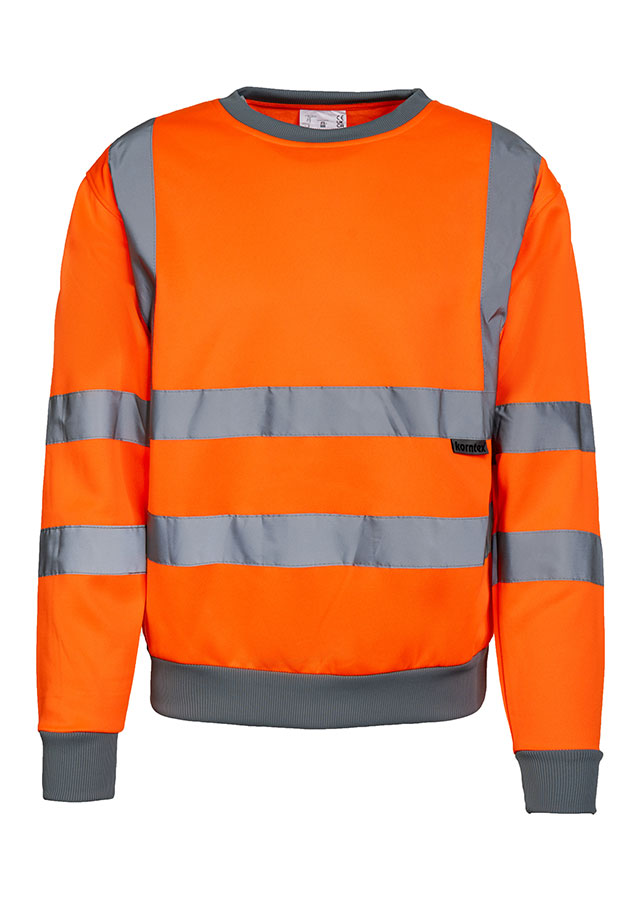 Adult man wearing a signal yellow Korntex Hi-Vis sweatshirt and white helmet on a construction site