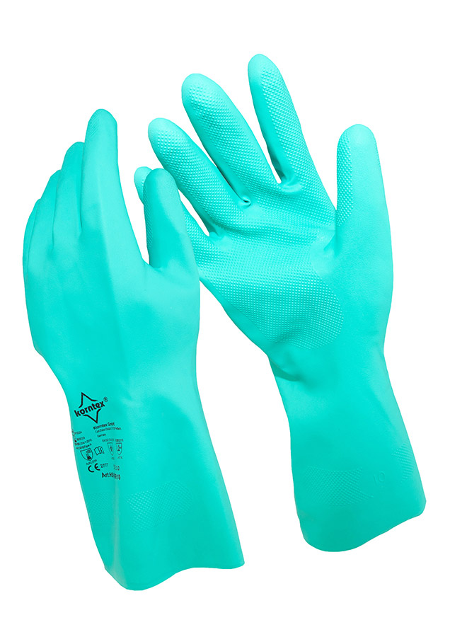 HSVN Nitrilhandschuhe Velourisiert DiamantGrip von Korntex in Grün, Frontansicht, rutschfester Griff, komfortabel, robust, für Arbeit und Sicherheit