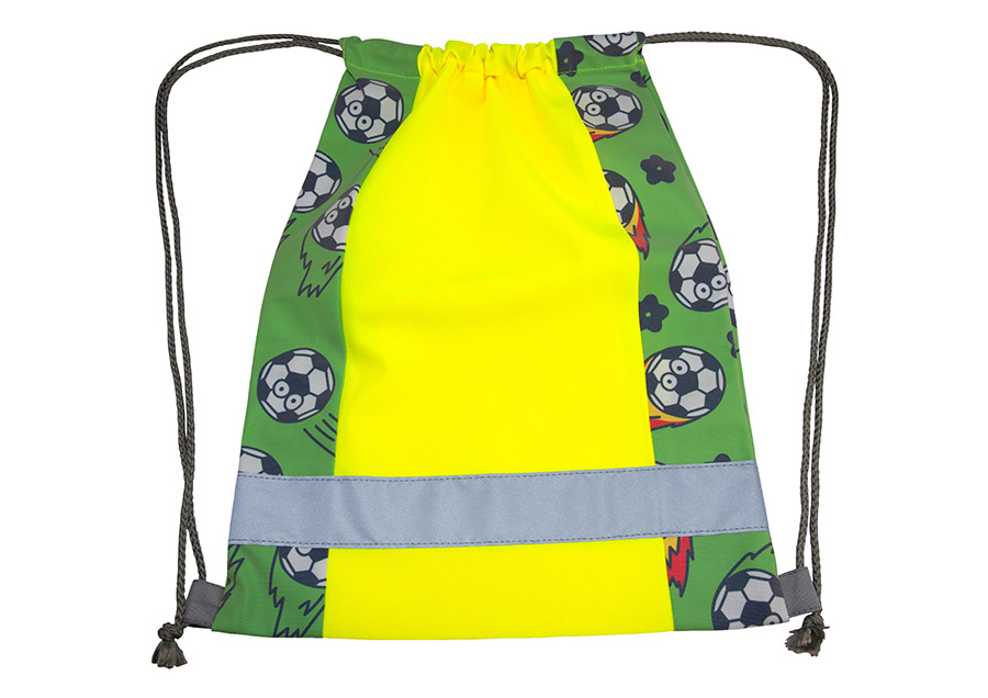 Kinder Turnbeutel Action Line ‚Soccer‘ von Korntex in Signal-Gelb mit Fußball-Print, reflektierenden Kordeln, Onesize 30 x 40 cm, für Sport und Freizeit