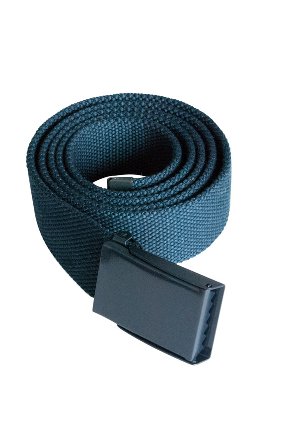 Close-up of a black Korntex polyester belt with metal buckle