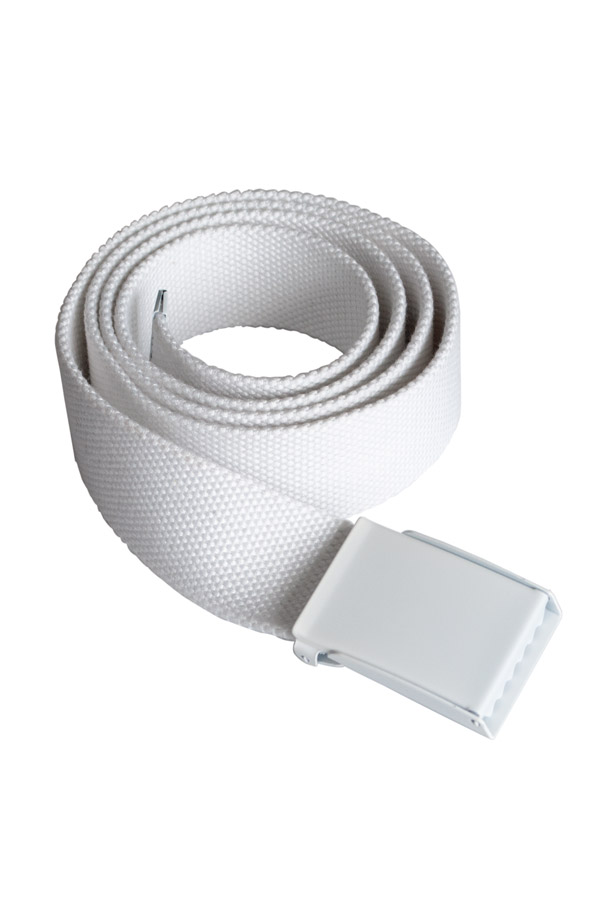 Close-up of a black Korntex polyester belt with metal buckle