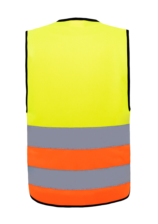 Young smiling girl in signal yellow Korntex safety vest with reflective stripes and zip fastener standing in the park