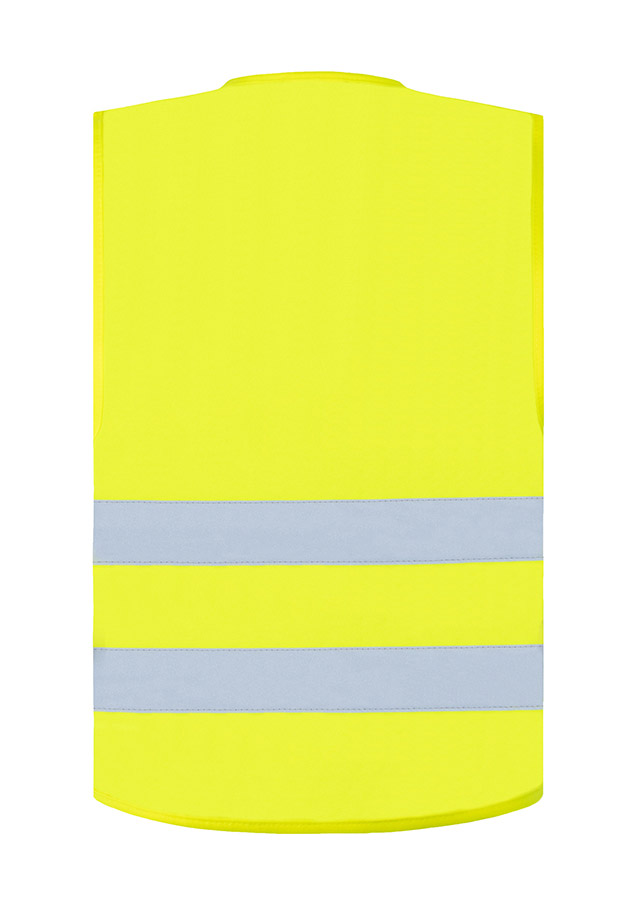Adult woman in signal yellow Korntex safety vest with reflective stripes holding a radio in an industrial environment