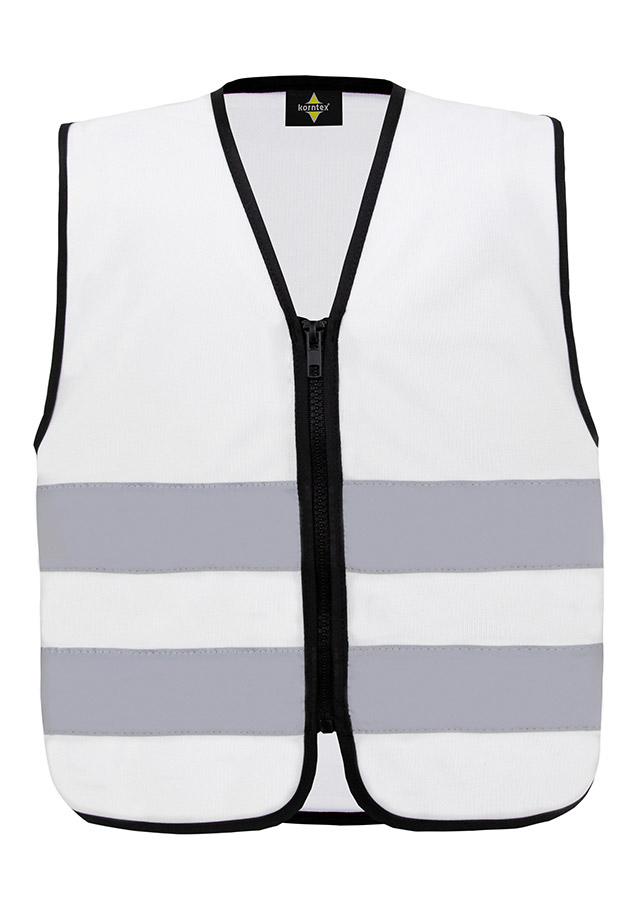 Young smiling girl in signal yellow Korntex safety vest with reflective stripes and zip fastener standing in the park