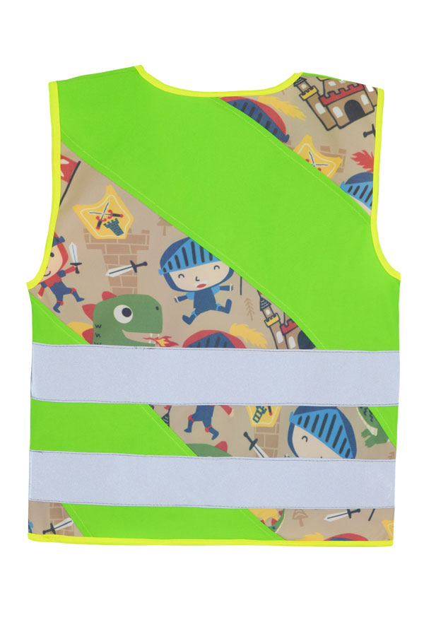 Child in a neon green Korntex safety vest with knight pattern in a park