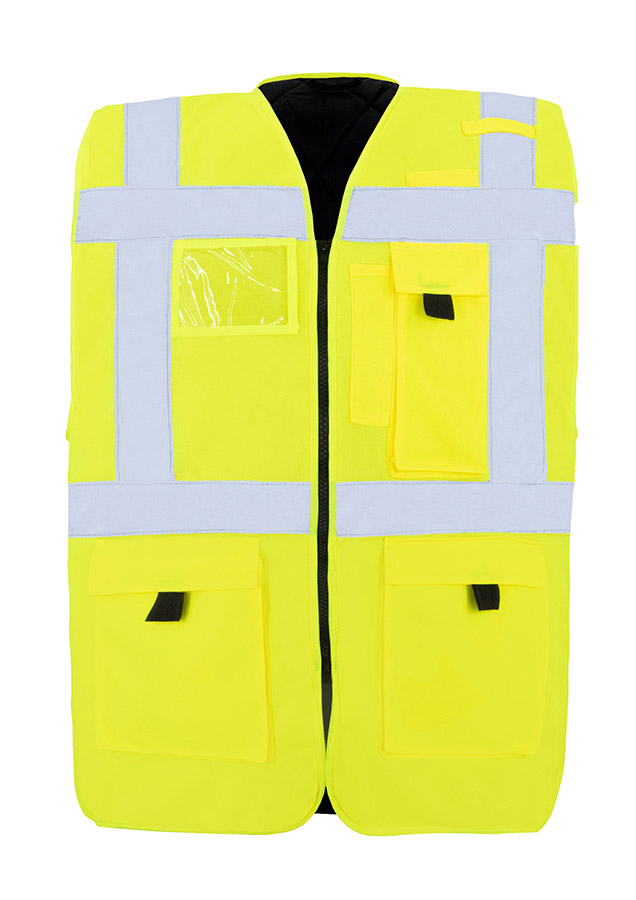 signal yellow, lined Korntex safety vest with zip fastener for industry, security and more