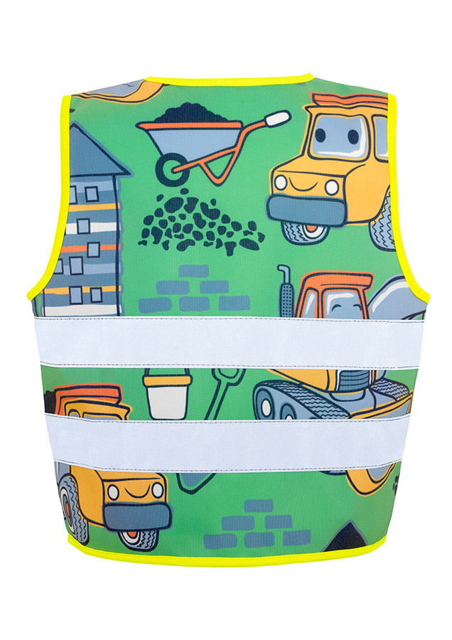 Child in a neon green Korntex safety vest with a construction site pattern on a playground
