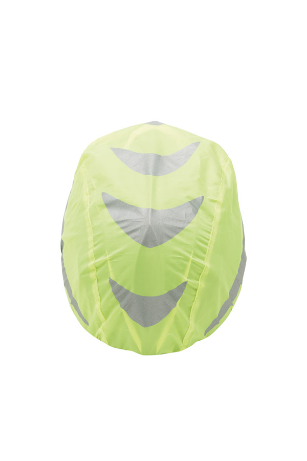 Detailed view of a green Korntex bicycle helmet cover with graphic designs on the head of a young woman